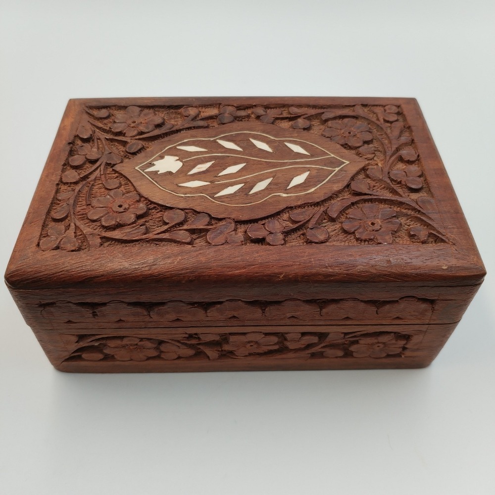 Vintage Hand Carved Indian‎ Wood Jewelry Box Inlay Floral Trinket Boho 6"